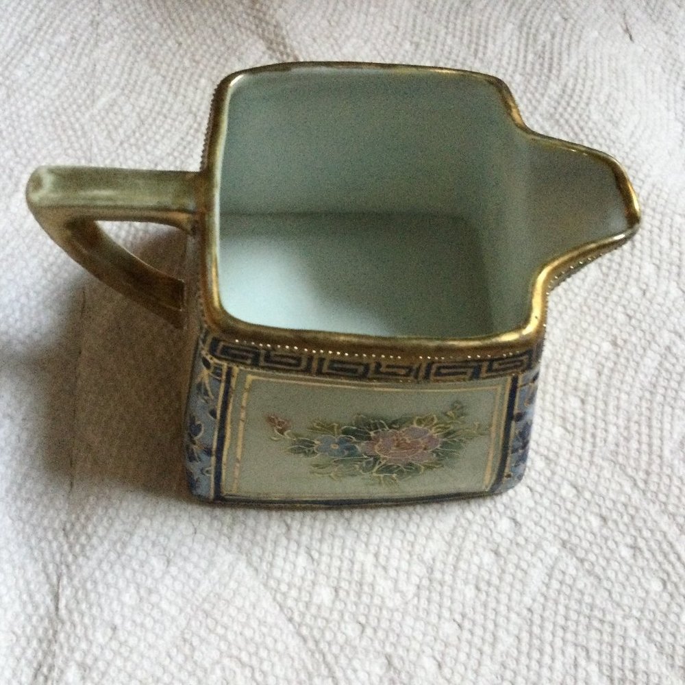 ANTIQUE HAND PAINTED SQUARE NIPPON CREAMER ROSES GOLD BLUE PINK SMALL